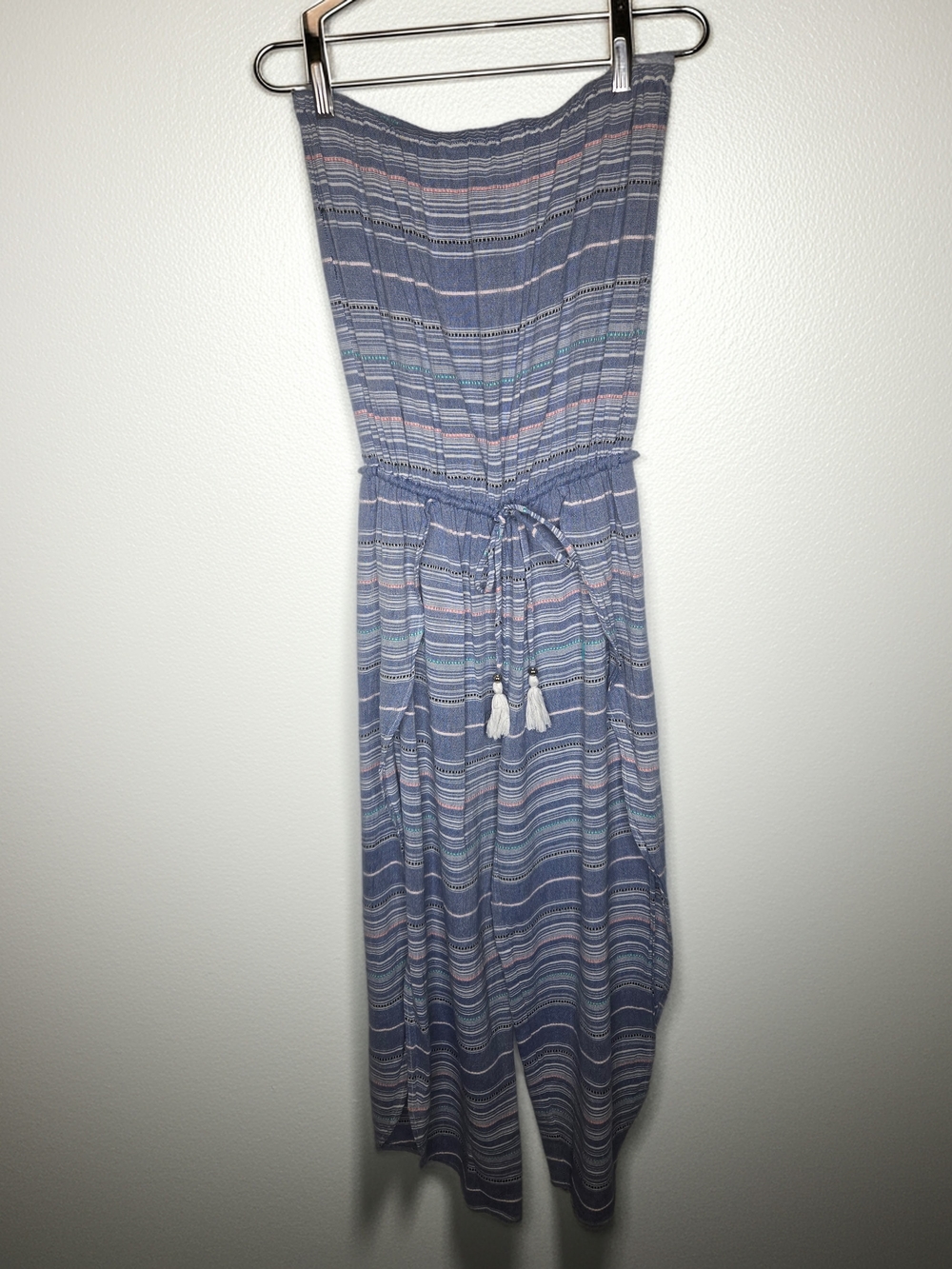 Blue Striped Boho Beachy Comfy Strapless Open Split Leg Jumpsuit Tassel Tie- S